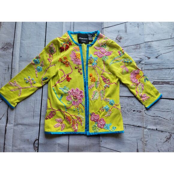 Michael Simon Cotton Embroidered Ribbon Neon Green Open front Cardigan M READ - Picture 1 of 13